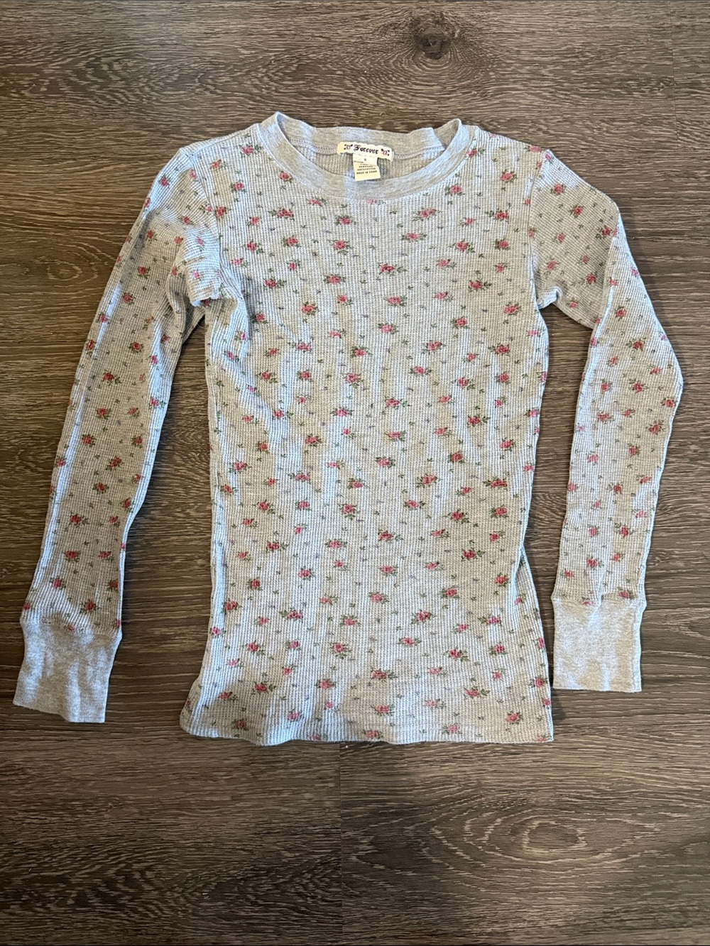 Forever Light Gray Ribbed Long Sleeve Top with Pink Floral Print